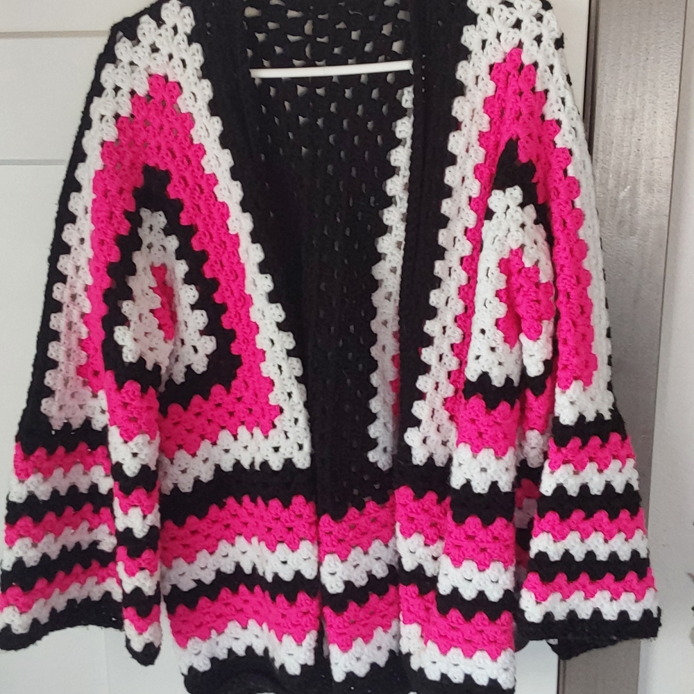 Geometric Pink And Black Crochet Hexi Cardigan Sweater